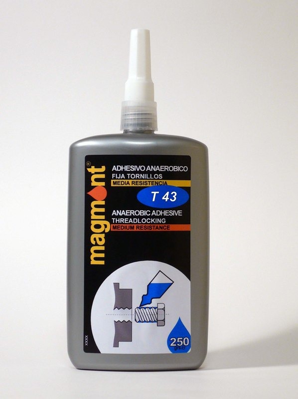 T43 Anaeróbico Fija Tornillos Azul Media Resistencia en botella oval gris  250ml - MAGMONT ADHESIVOS INDUSTRIALES