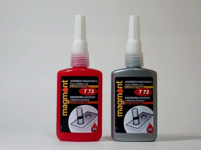 T73 Anaeróbico Fija Tornillos Rojo Alta Resistencia en botella oval  roja/gris 50ml - MAGMONT ADHESIVOS INDUSTRIALES